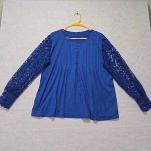 R#56 Royal Blue Lace Sleeve Pleated Front Tunic Top Plus Size 4XL ptp: 24"